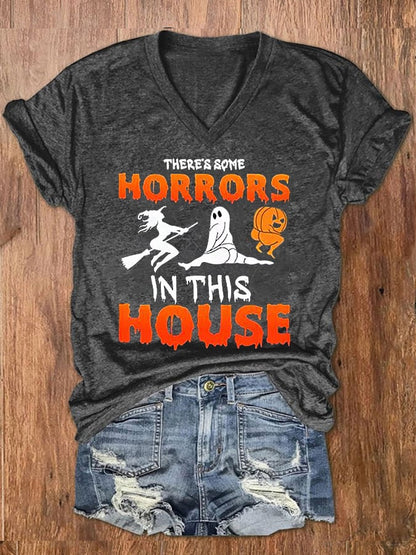 Women's Funny Halloween There's Some Horrors In This House Witch Spooky Pumpkin V-Neck Tee