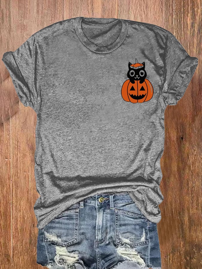 Women's Pumpkin Cat Halloween Printed Short Sleeve T-Shirt