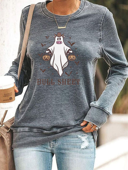 Women's Halloween Bull Sheet Funny Ghost Cows Print Sweatshirt