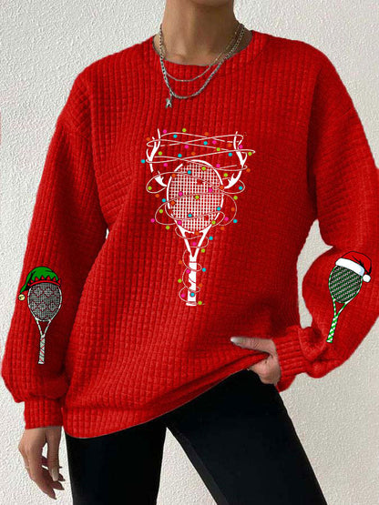 Women's Christmas Tennis Racket Print Waffle Sweatshirt