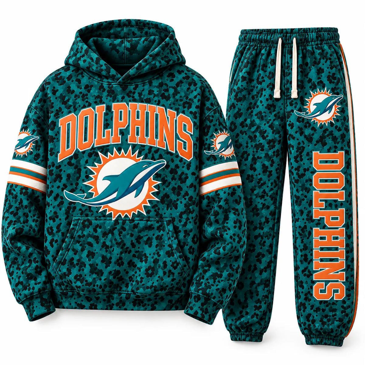 WOMEN’S MIAMI DOLPHINS LEOPARD PRINT GRAPHIC HOODIE & JOGGER SET