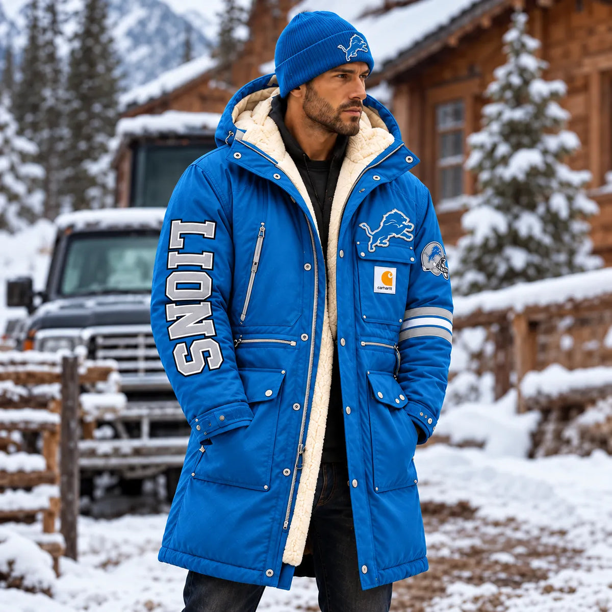 UNISEX DETROIT LIONS BLUE WINTER SHERPA LINED HOODED PARKA JACKET