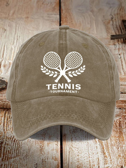 Unisex Tennis Print Distressed Washed Hat