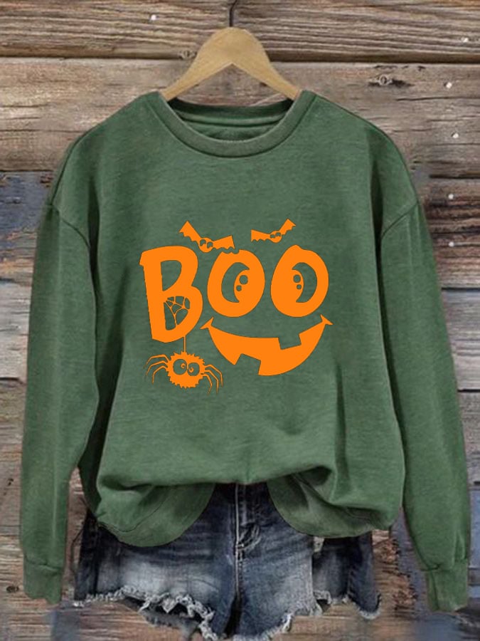 Women's  Funny Halloween Pumpkin Face Boo Print Sweatshirt