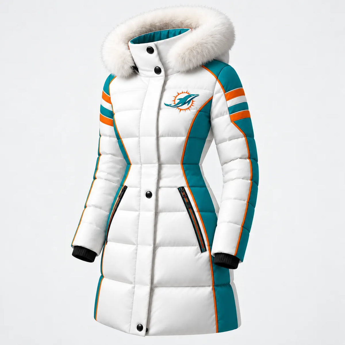 MIAMI DOLPHINS WOMEN'S FUR HOOD COLORBLOCK LONG PUFFER COAT