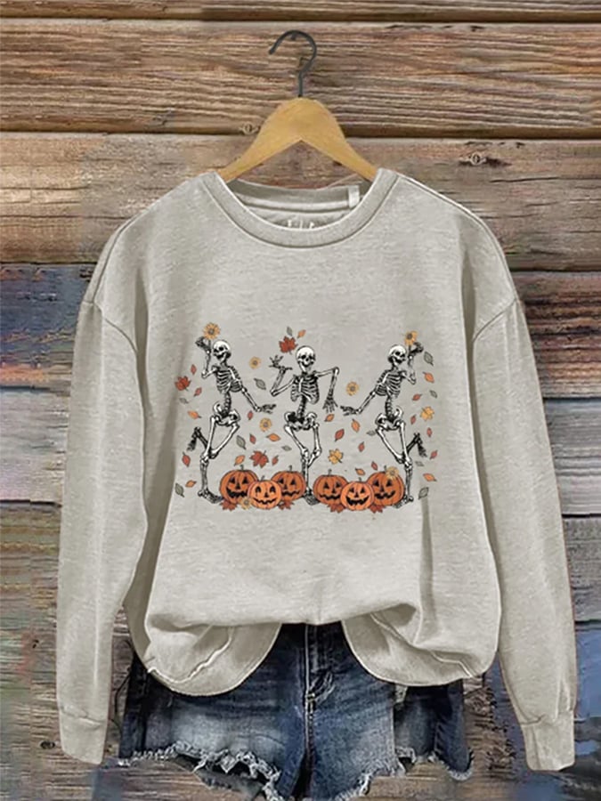 Women's Dancing Skeleton Pumpkin Print Casual Sweatshirt