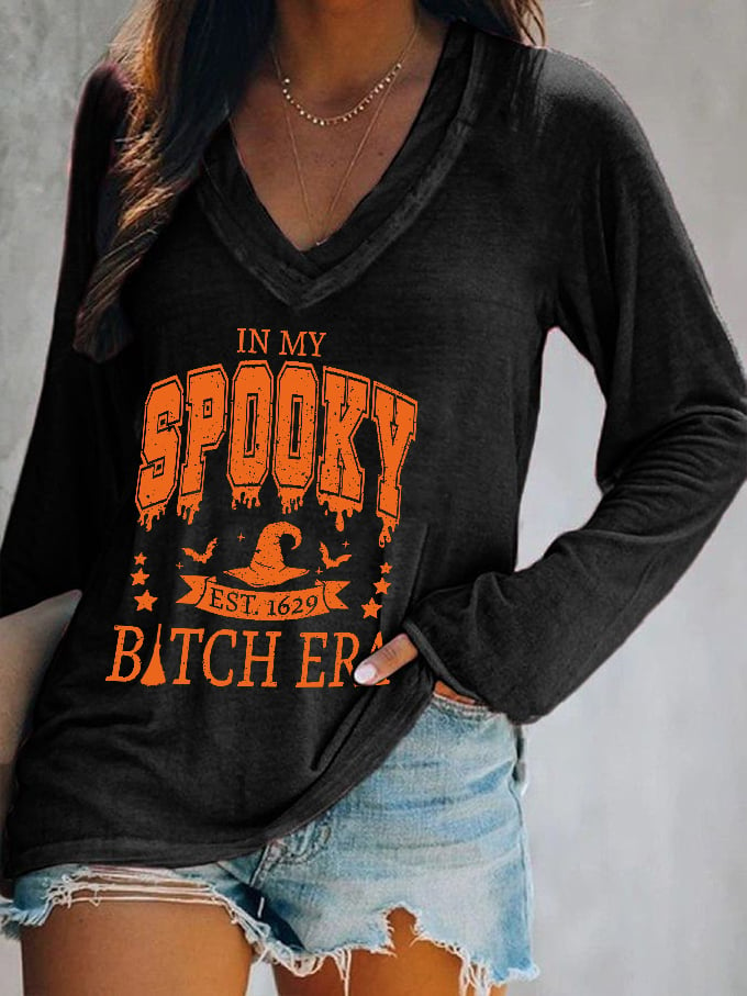 Women's Halloween In My Spooky B*tch Era Est.1629 Printed V-neck Long Sleeve Top