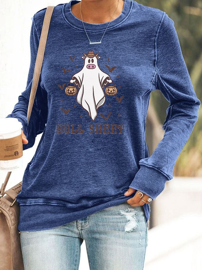 Women's Halloween Bull Sheet Funny Ghost Cows Print Sweatshirt