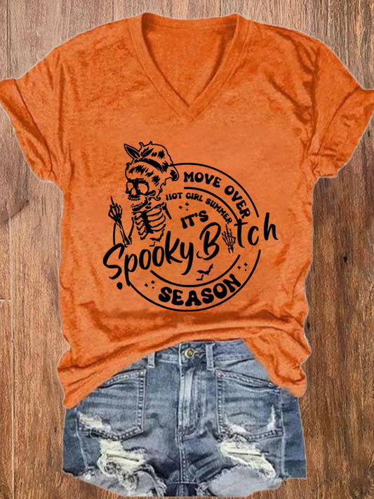 Women's Funny Halloween Spooky Bitch Season Move Over Hot Girl Summer  V-Neck Tee