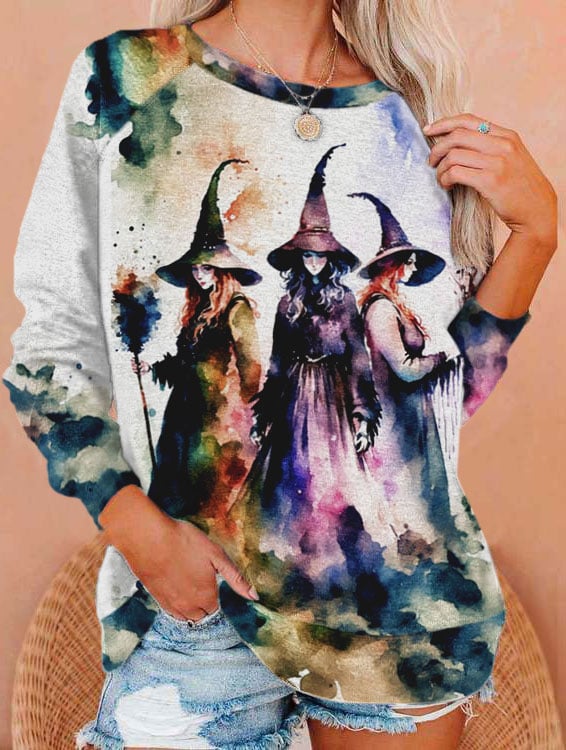 Women's Halloween Watercolor Witch Print Sweatshirt