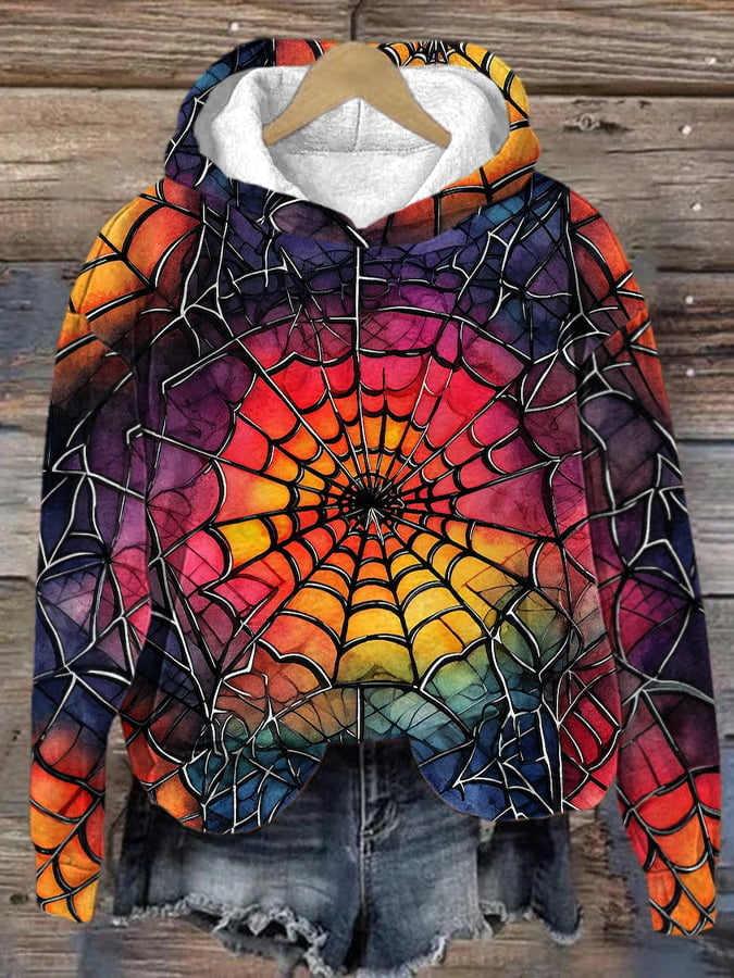 Women's Halloween Colorful Spider Web Print Hoodie