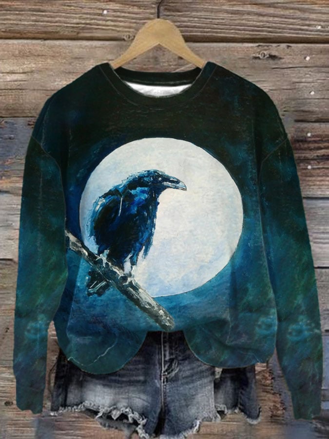 Women's Halloween Raven Pattern Art Print Casual Sweatshirt