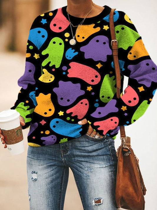 Women's Colorful Ghost Print Crew Neck Sweatshirt