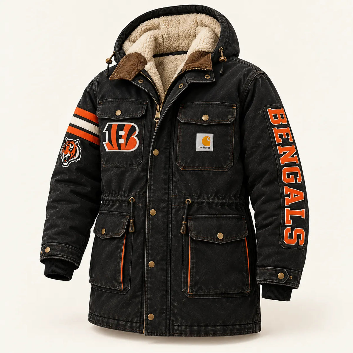 UNISEX CINCINNATI BENGALS VINTAGE WASHED SHERPA-LINED HOODED WORKWEAR PARKA JACKET | AEGE