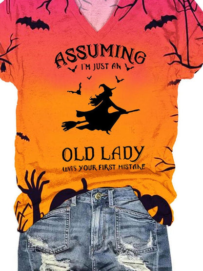 Women's Assuming I'M Just An Old Lady Halloween Witch Print Short Sleeve T-Shirt