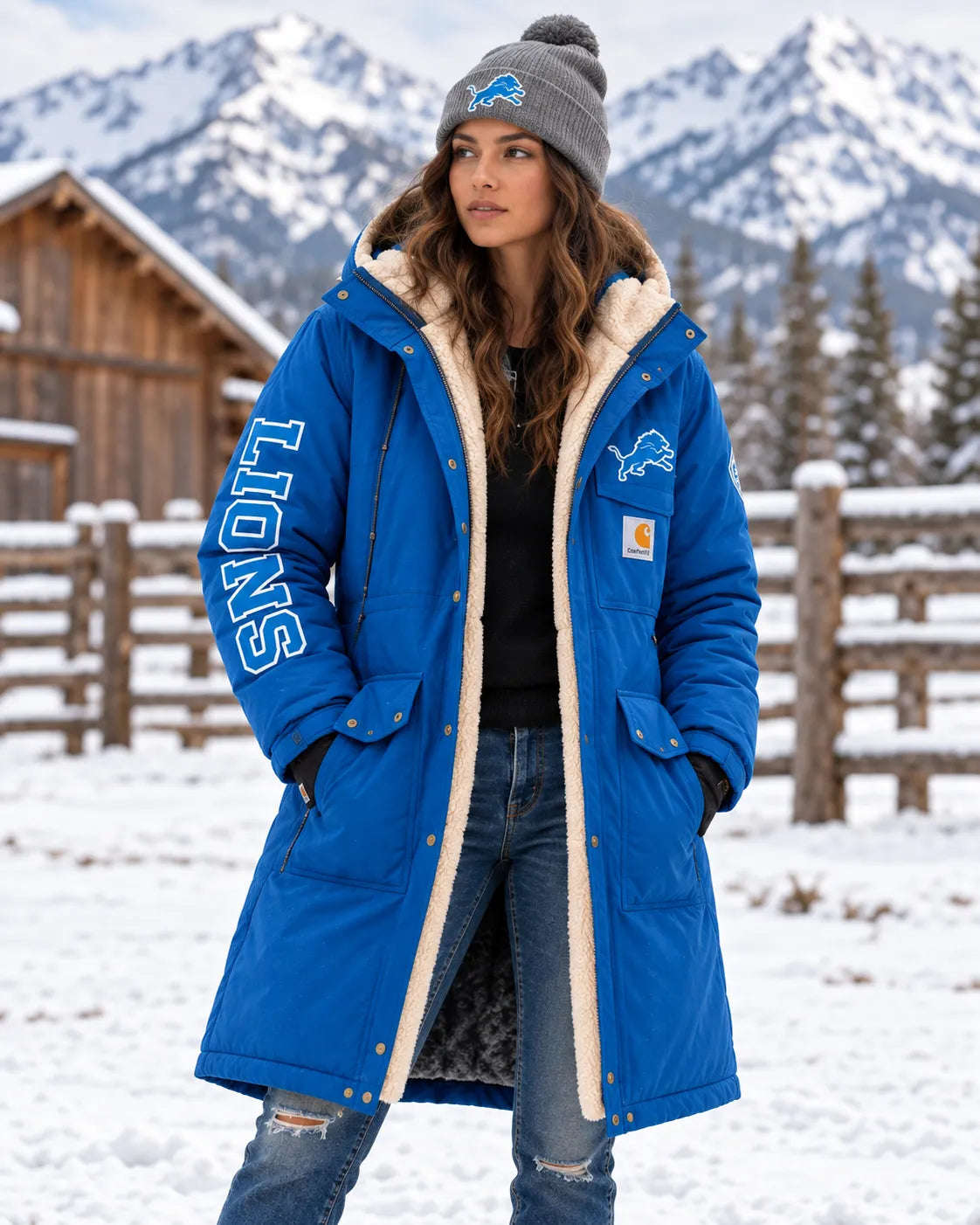 DETROIT LIONS UNISEX SHERPA LINED LONG WINTER PARKA JACKET