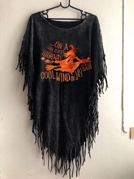 Women's Funny Halloween On The Dark Desert Highway Cool Wind In My Hair Fringed Top