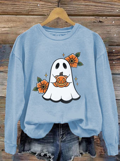 Women's Halloween Cute Pumpkin Boo Print Crew Neck Sweatshirt