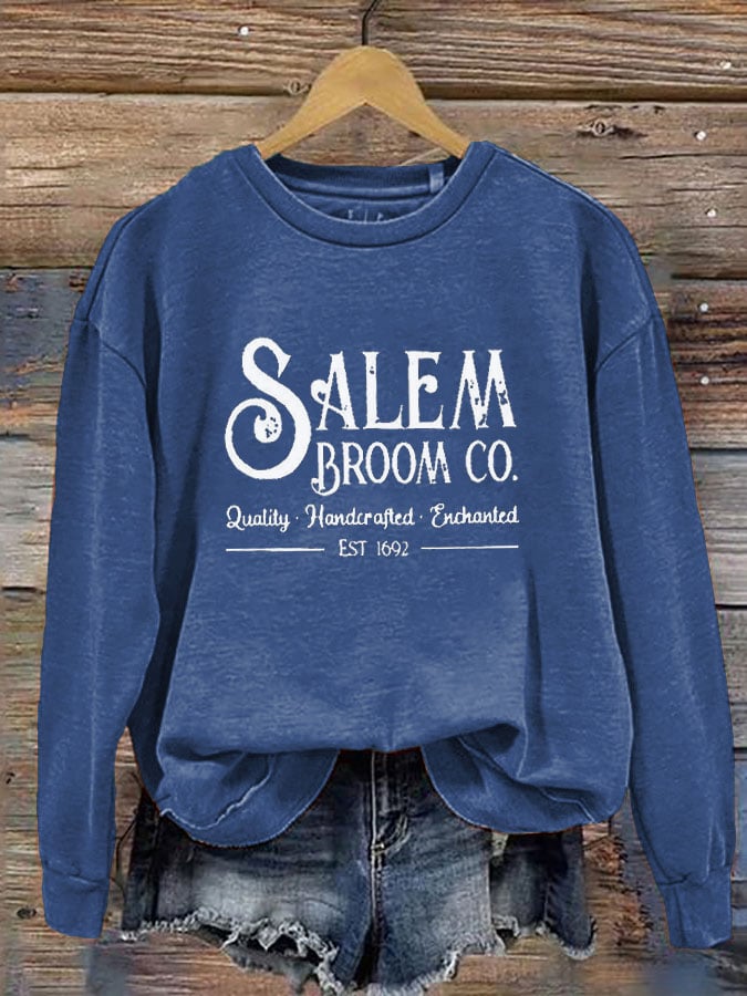 Women's Salem Broom Co Quality Handcrafted Enchanted Est 1692 Printed Round Neck Long Sleeve Sweatshirt