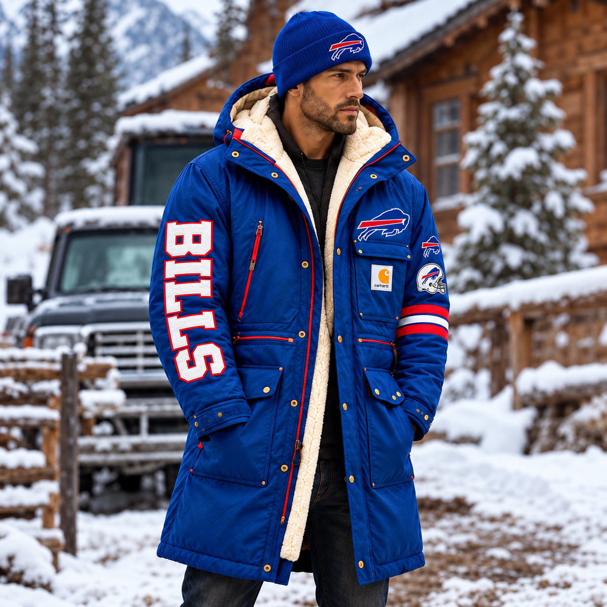 UNISEX BUFFALO BILLS BLUE WINTER SHERPA LINED HOODED PARKA JACKET