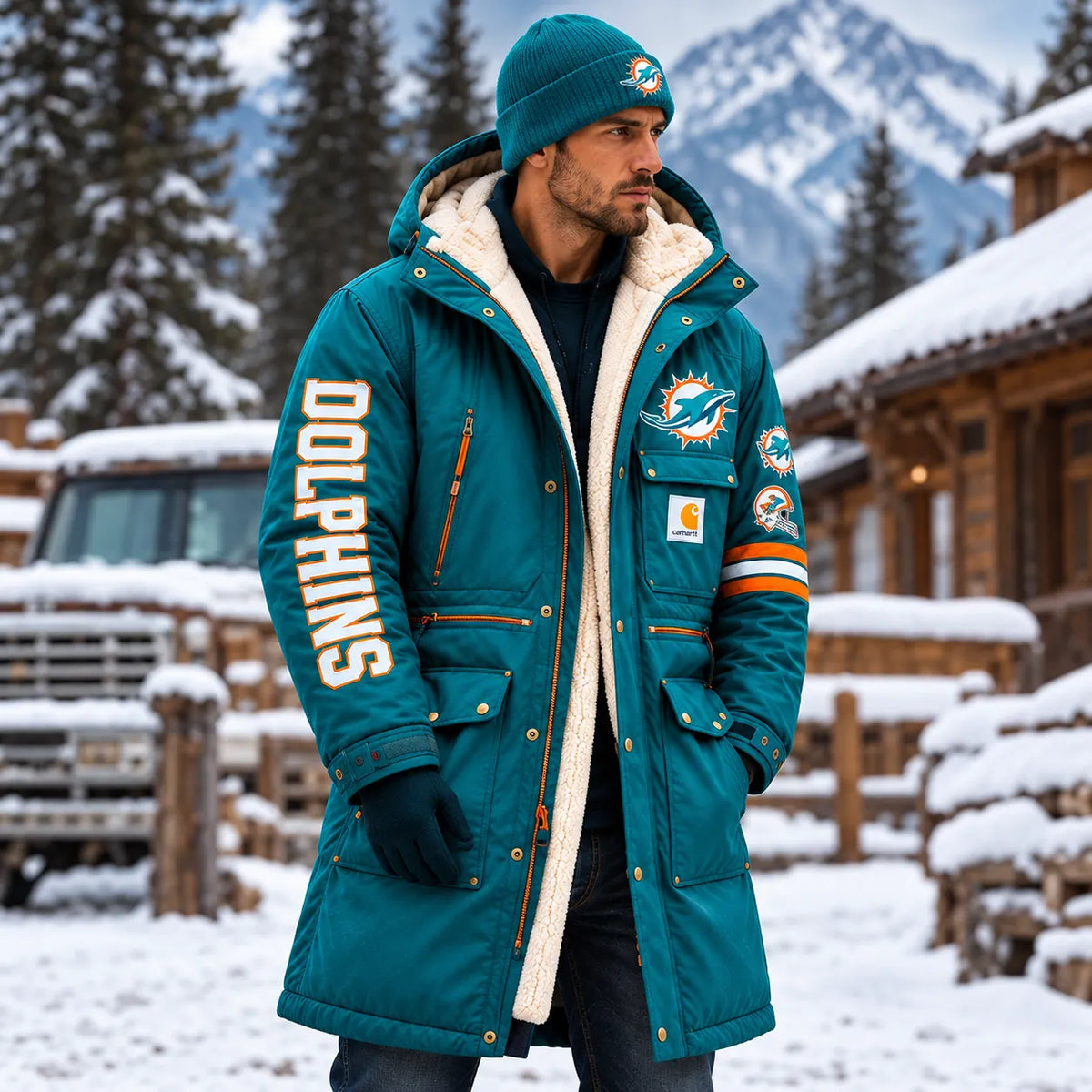 UNISEX MIAMI DOLPHINS BLACK WINTER SHERPA LINED HOODED PARKA JACKET