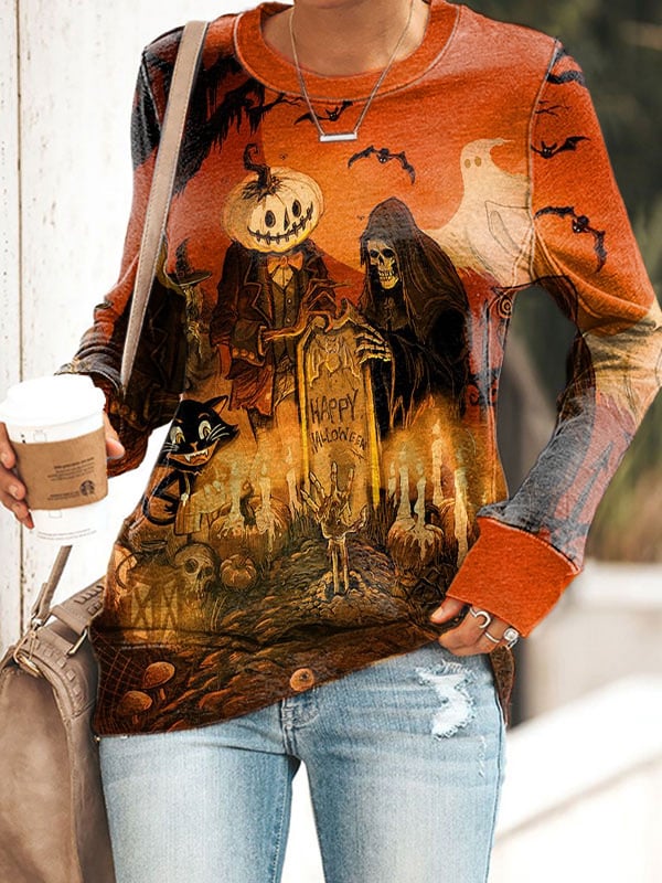 Women's Halloween Pumpkin Witch Black Cat Print  Sweatshirt