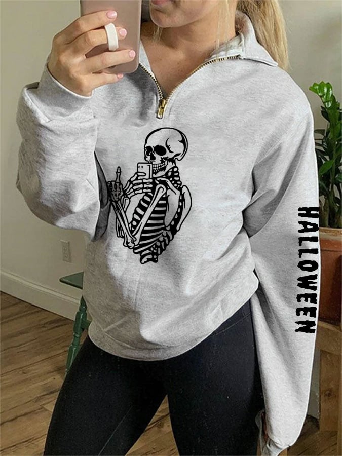 Women's Funny Halloween Skeleton Casual Zipper-Neck Sweatshirt