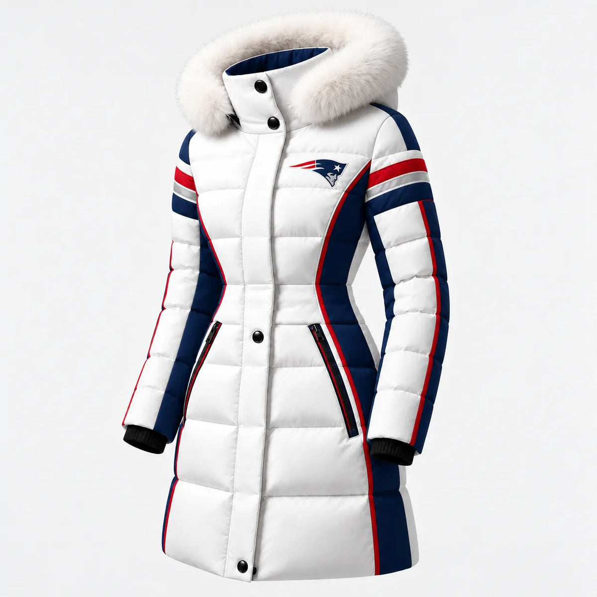 NEW ENGLAND PATRIOTS WOMEN'S FUR HOOD COLORBLOCK LONG PUFFER COAT