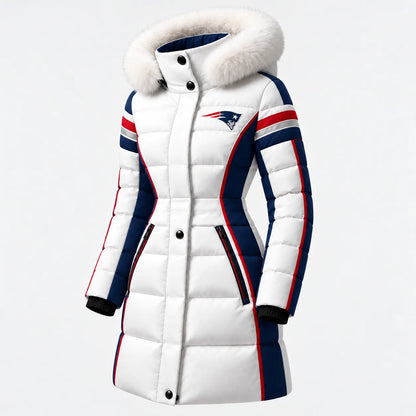 NEW ENGLAND PATRIOTS WOMEN'S FUR HOOD COLORBLOCK LONG PUFFER COAT