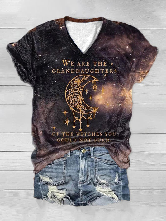 Women's Halloween We Are The Granddaughters of Witches You Could Not Burn Printed V-Neck T-Shirt