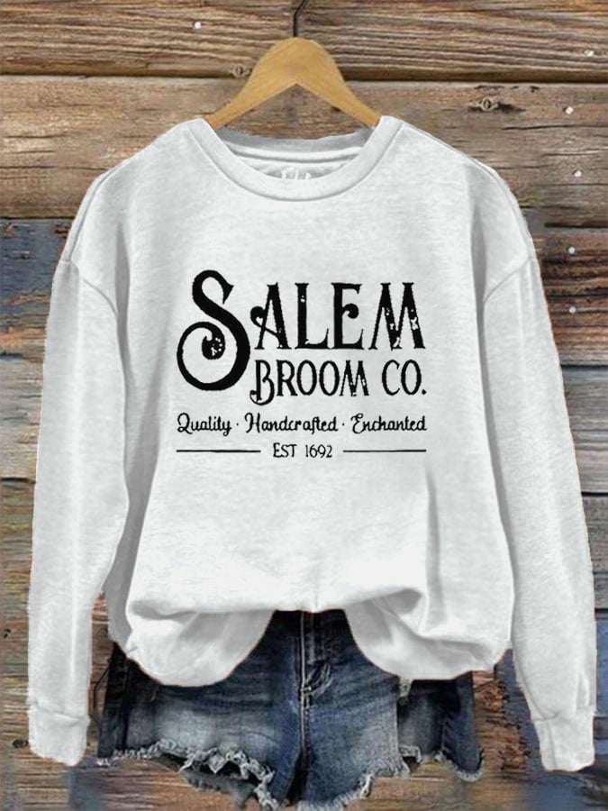 Women's Salem Broom Co Quality Handcrafted Enchanted Est 1692 Print Crew Neck Sweatshirt