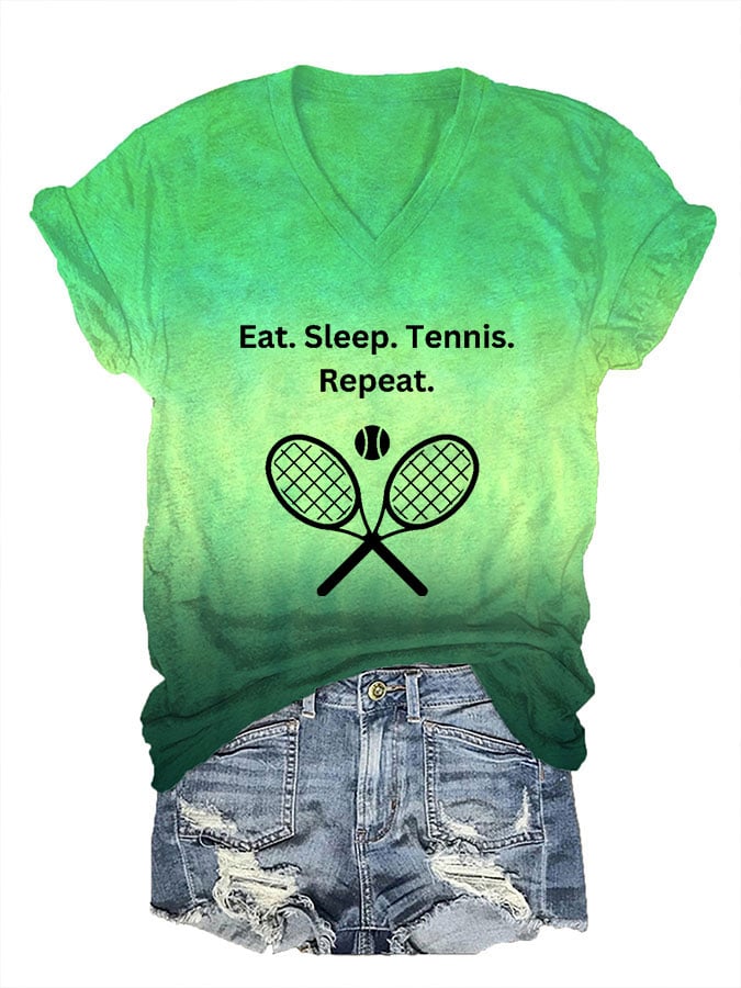 Women's Eat Sleep Tennis Repeat Print V-Neck T-Shirt