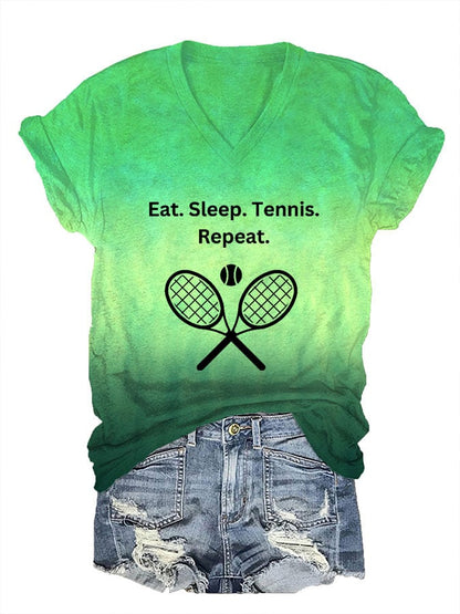 Women's Eat Sleep Tennis Repeat Print V-Neck T-Shirt