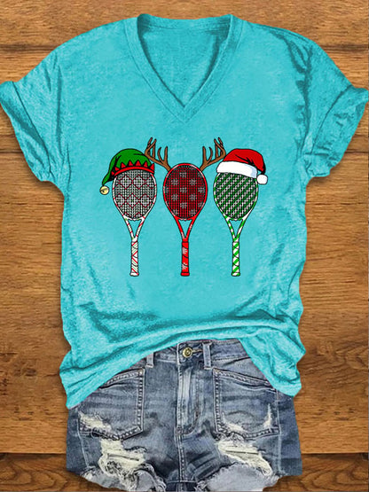 Women's Christmas Tennis Racket Print T-Shirt