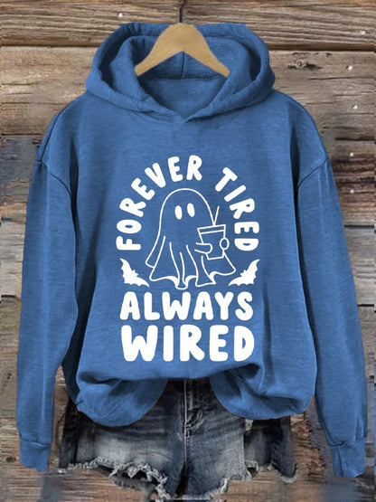 Women's Halloween Forever Tired Always Wired Spooky Boo Printed Hooded Sweatshirt