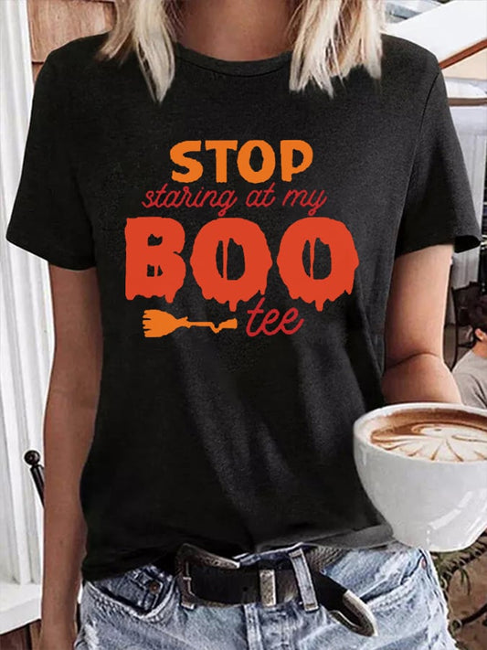 Women's Halloween Stop Staring At My Boo Tee Print T-Shirt