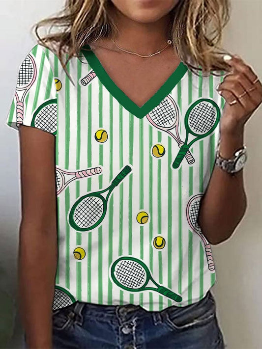 Women's Fun Tennis Print V Neck T-Shirt