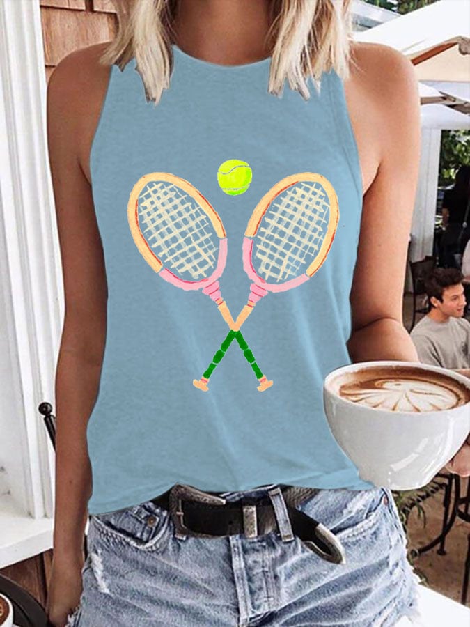 Women's Funny Tennis Print O-Neck Top