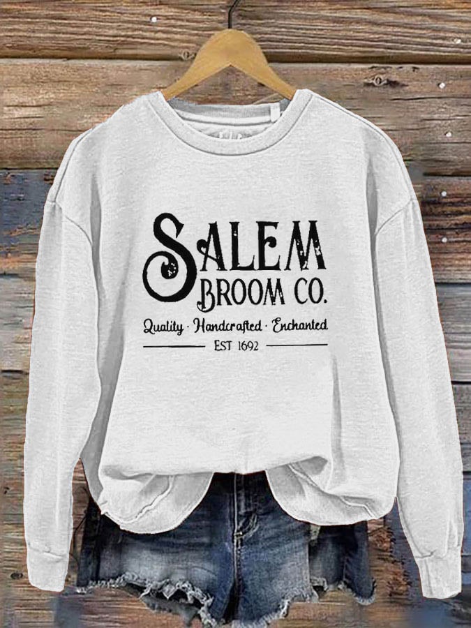 Women's Salem Broom Co Quality Handcrafted Enchanted Est 1692 Printed Round Neck Long Sleeve Sweatshirt