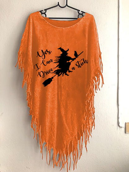 Women's Funny Halloween Witch Yes Actually I Can Drive A Stick Fringed Top