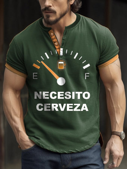 Men's Retro Contrast Oktoberfest Beer Print Henley Neck T-Shirt