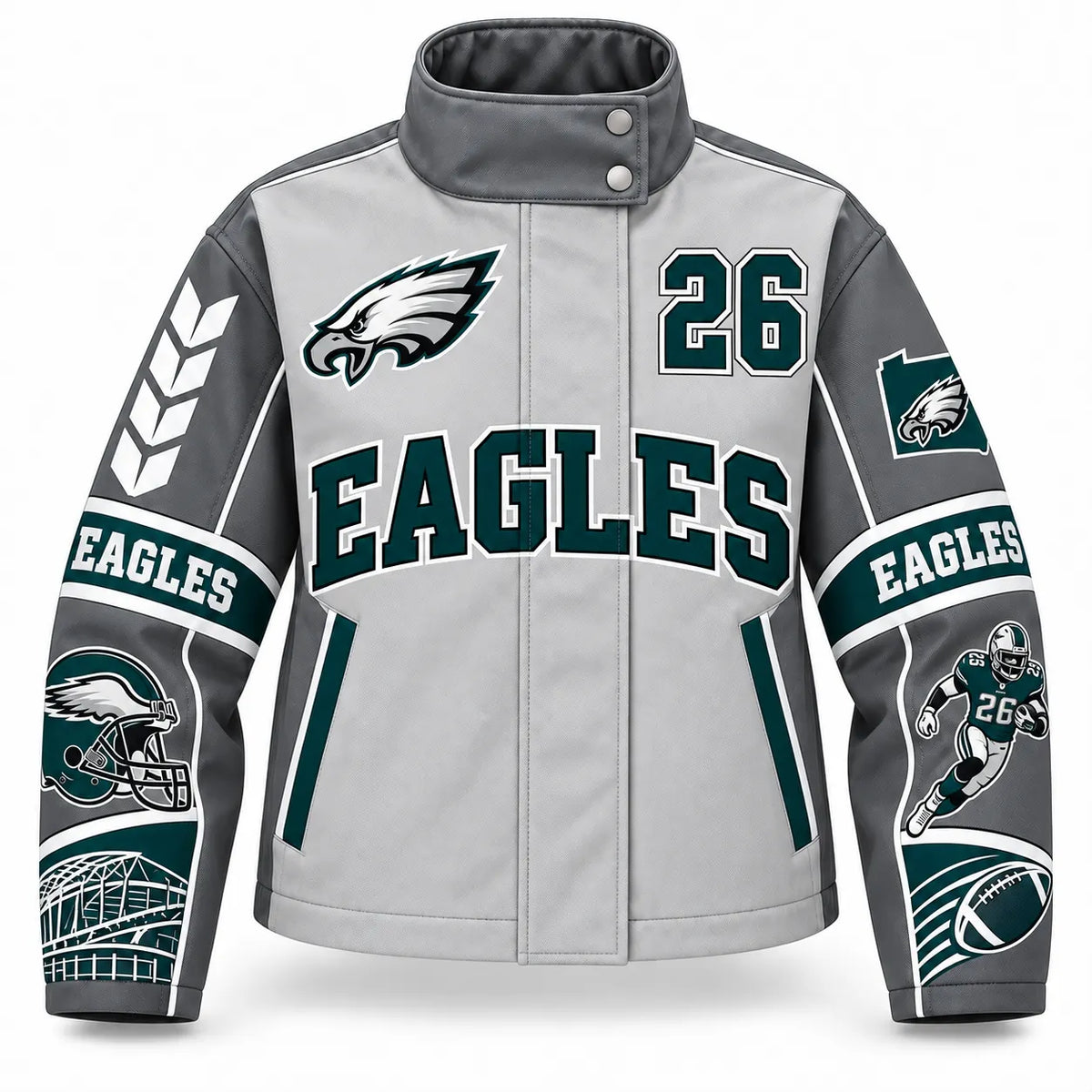PHILADELPHIA EAGLES TEAM LOGO FOOTBALL GRAPHIC STAND COLLAR JACKET