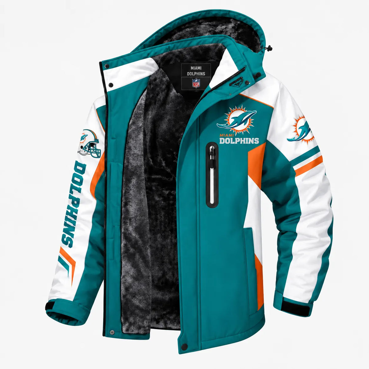 AEGE MIAMI DOLPHINS TEAM LOGO FOOTBALL GRAPHIC FLEECE LINED HOODED JACKET