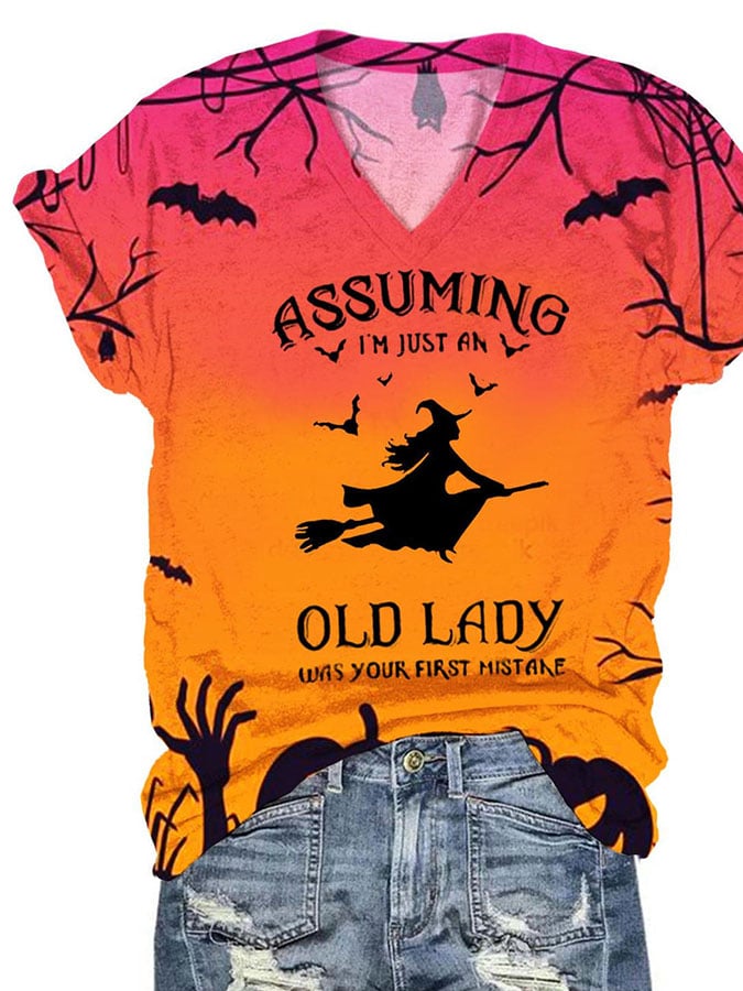 Women's Assuming I'M Just An Old Lady Halloween Witch Print Short Sleeve T-Shirt