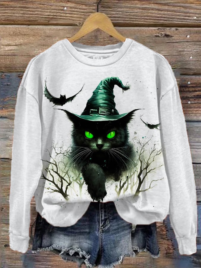 Women's Halloween Witches Cat  Print Sweatshirt