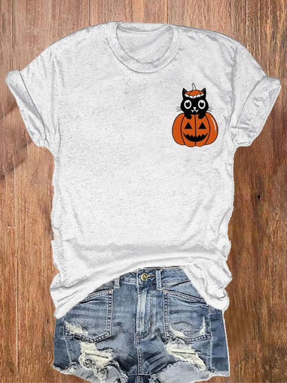 Women's Pumpkin Cat Halloween Printed Short Sleeve T-Shirt