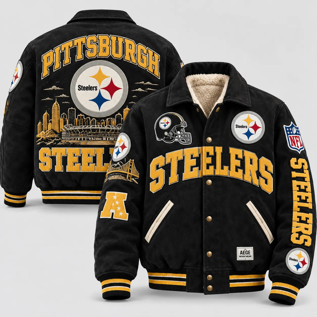 UNISEX PITTSBURGH STEELERS RETRO PATCHWORK VARSITY JACKET | AEGE
