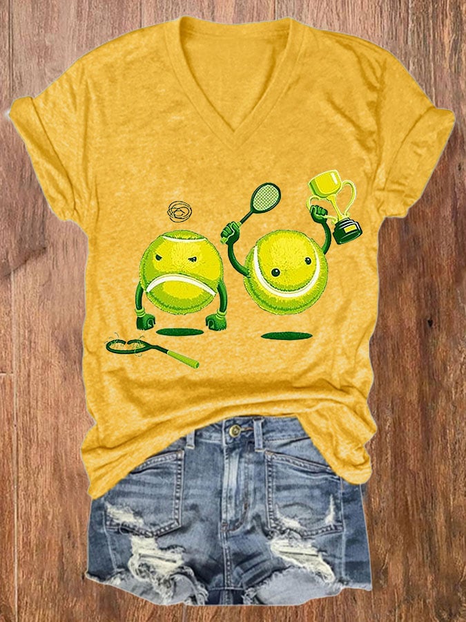 Women's Funny Tennis Print Casual V-Neck Tee
