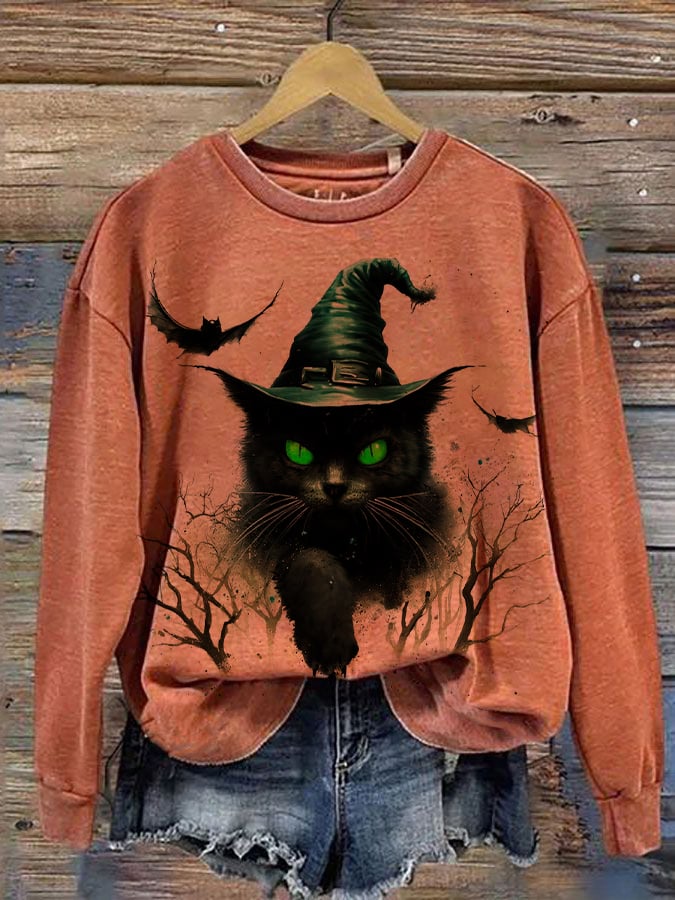 Women's Halloween Witches Cat  Print Sweatshirt