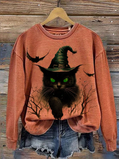 Women's Halloween Witches Cat  Print Sweatshirt